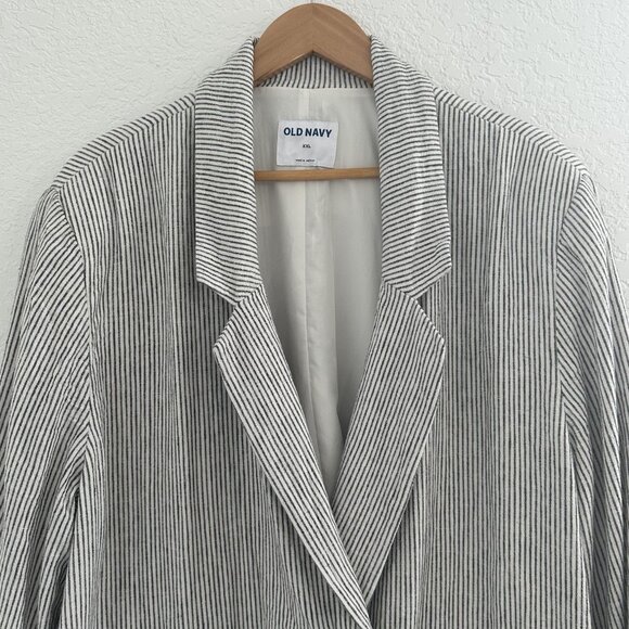 Old Navy‎ Blazer Womens 2XL Cream Linen Blend Striped Double Breasted Coastal - Picture 2 of 10